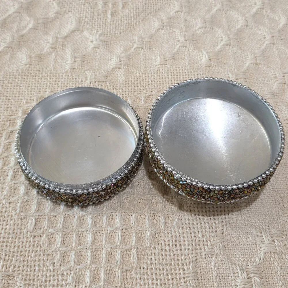 Vintage Silver Bead Pearl & Rhinestone Encrusted Metal Trinket Gift Vanity Box